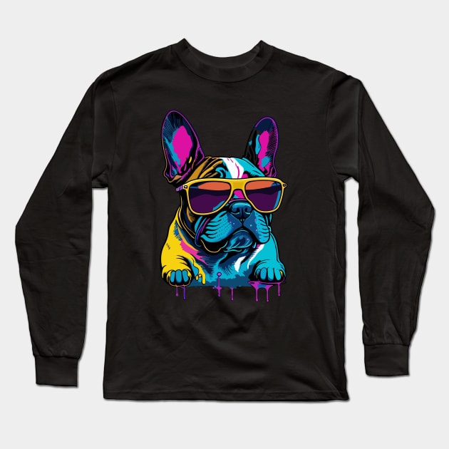 Neon French Bulldog with Sunglasses Long Sleeve T-Shirt by ReaBelle